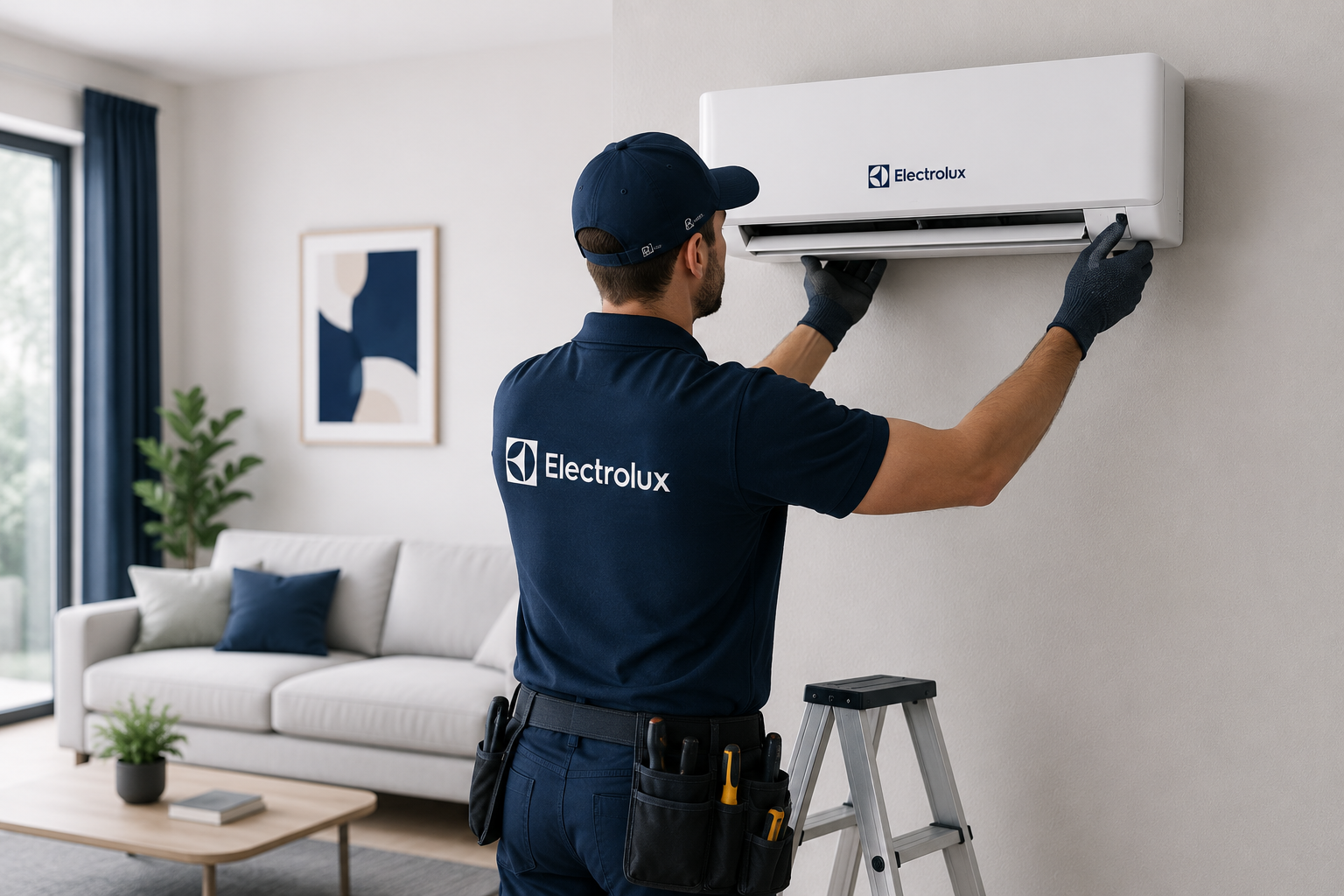 Professional HVAC technician installing an air conditioner